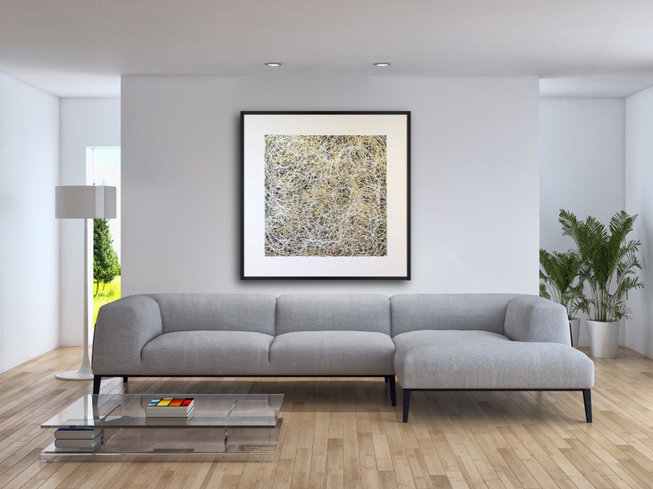 Captivating Beauty - Nature-inspired abstract painting by Mohabbat Ahmadi with green, black, white and golden lines